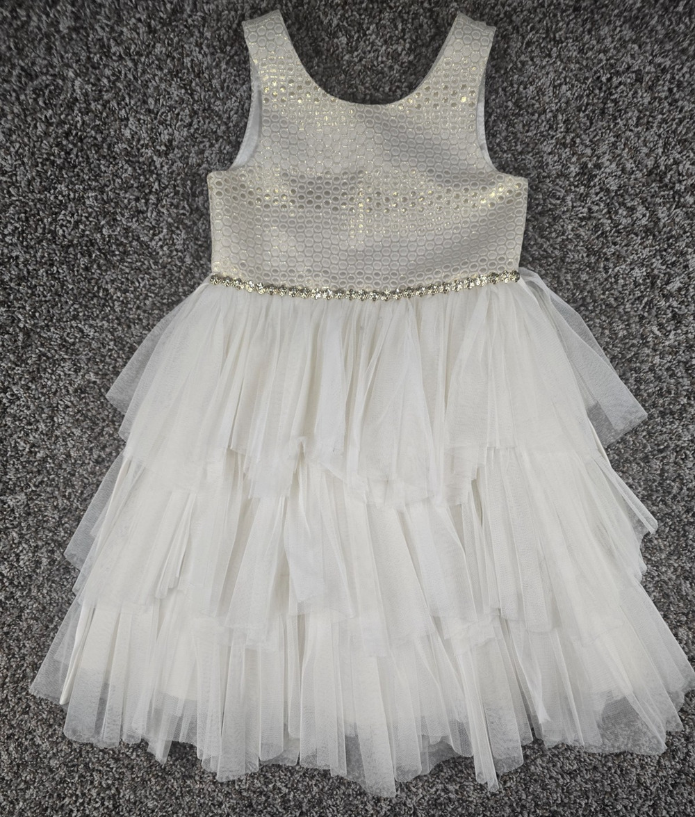 American Princess Girls White And Silver Dress Size 7 Formal Wedding Flower Girl
